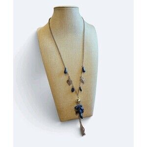 Boho Gold Navy Blue Teardrop Leaf Lariat Tassel Statement Necklace Long Chain